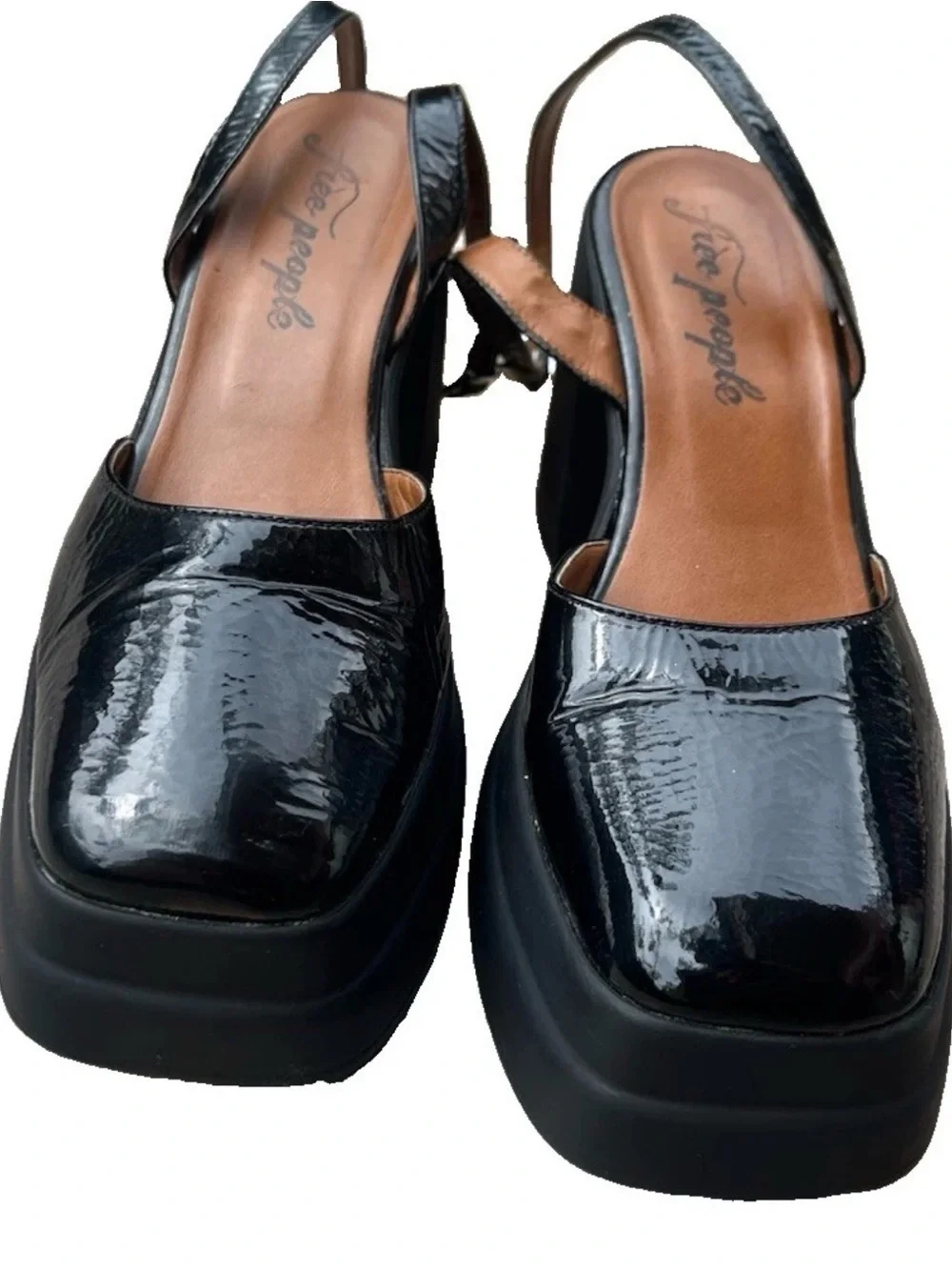 Free People Mary Janes Black Double Stack Platform Patent Leather Heels Sz 9.5